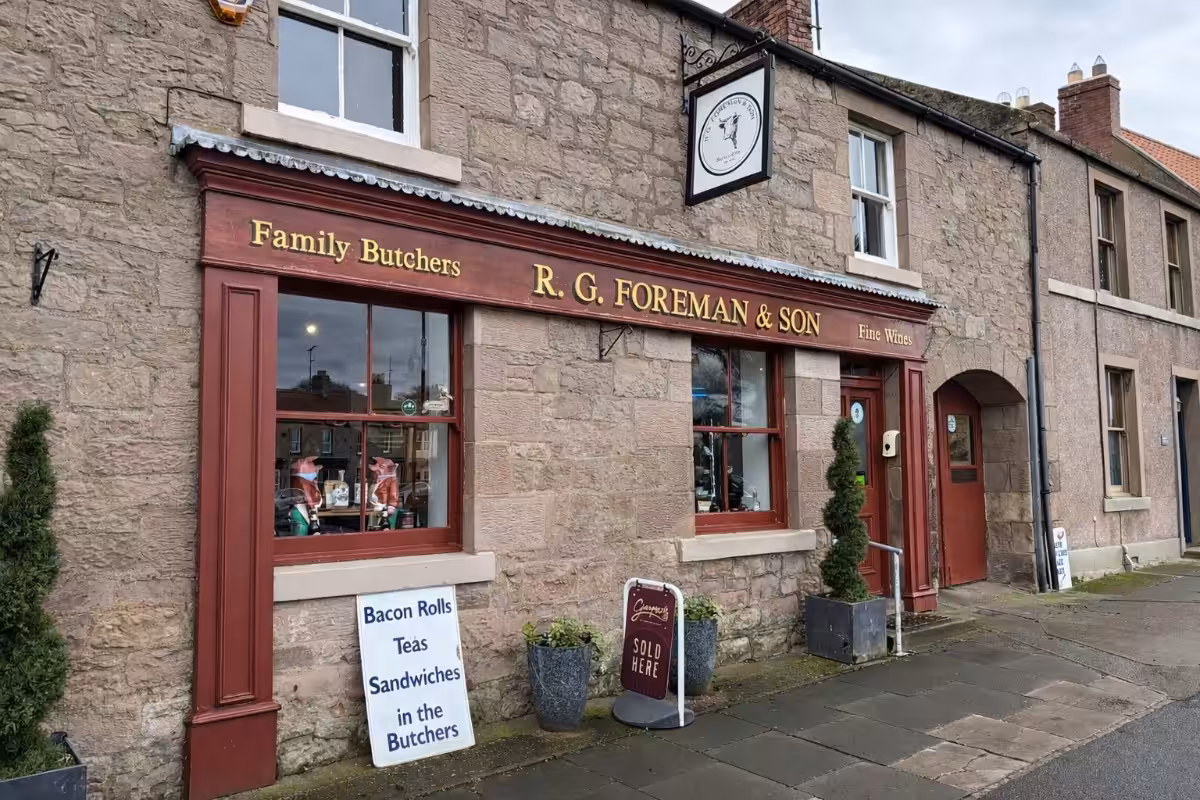 An external view of R. G. Foreman & Son butchers in Norham nearby Elm Bank Coastal Park in Northumberland