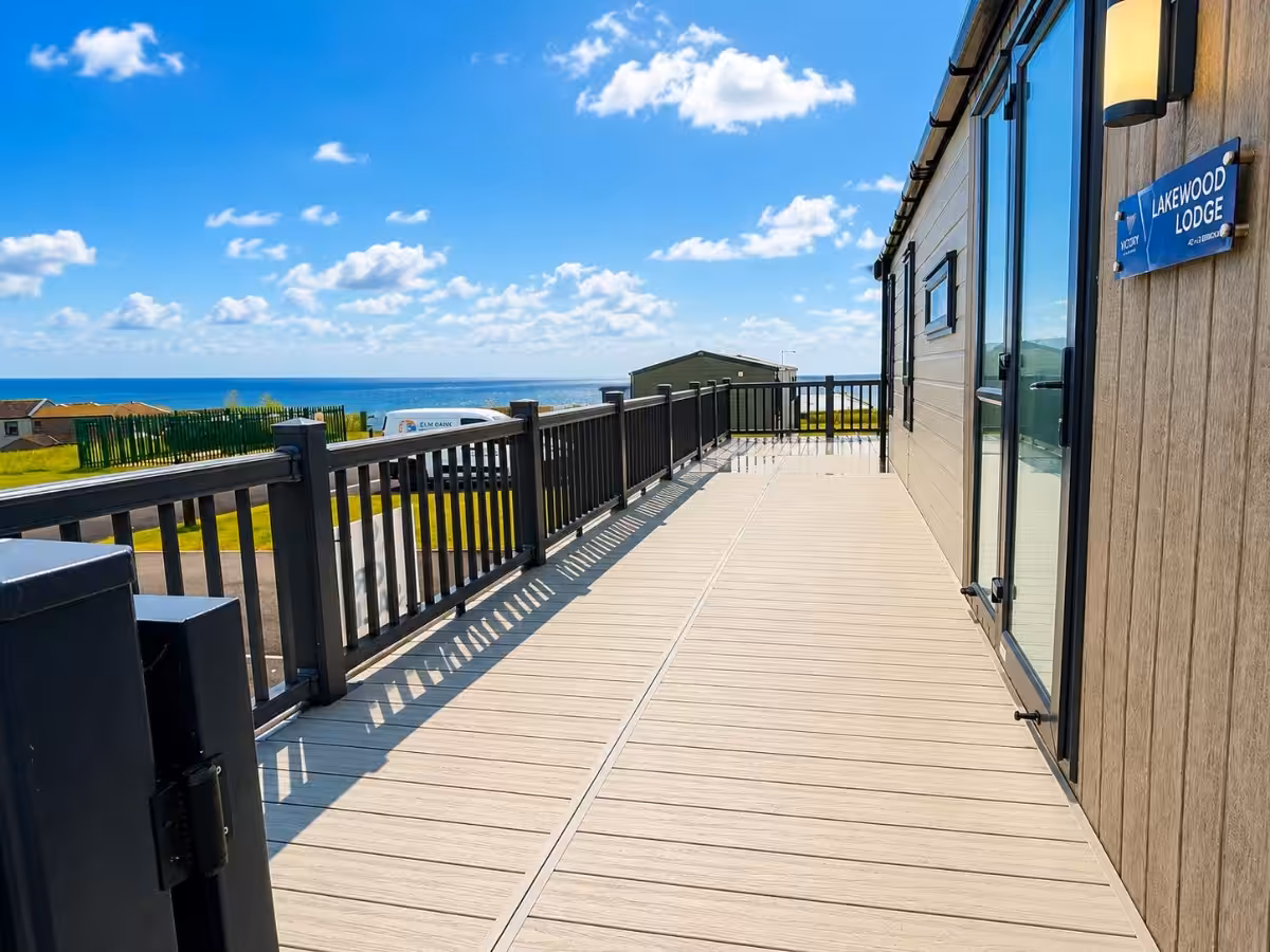 Side decking on the 2021 Victory Lakewood Lodge for sale at Elm Bank Coastal Park in Spittal, Berwick-upon-Tweed, Northumberland.