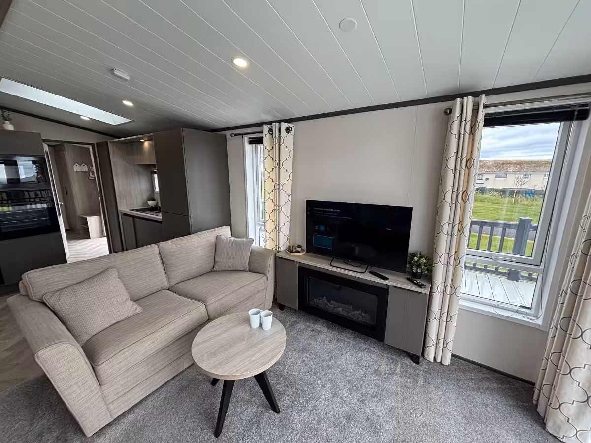 Living room in the 2021 Victory Lakewood Lodge for sale at Elm Bank Coastal Park in Spittal, Berwick-upon-Tweed, Northumberland.