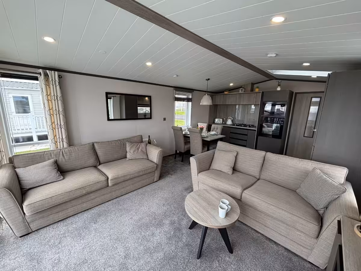 Living room in the 2021 Victory Lakewood Lodge for sale at Elm Bank Coastal Park in Spittal, Berwick-upon-Tweed, Northumberland.
