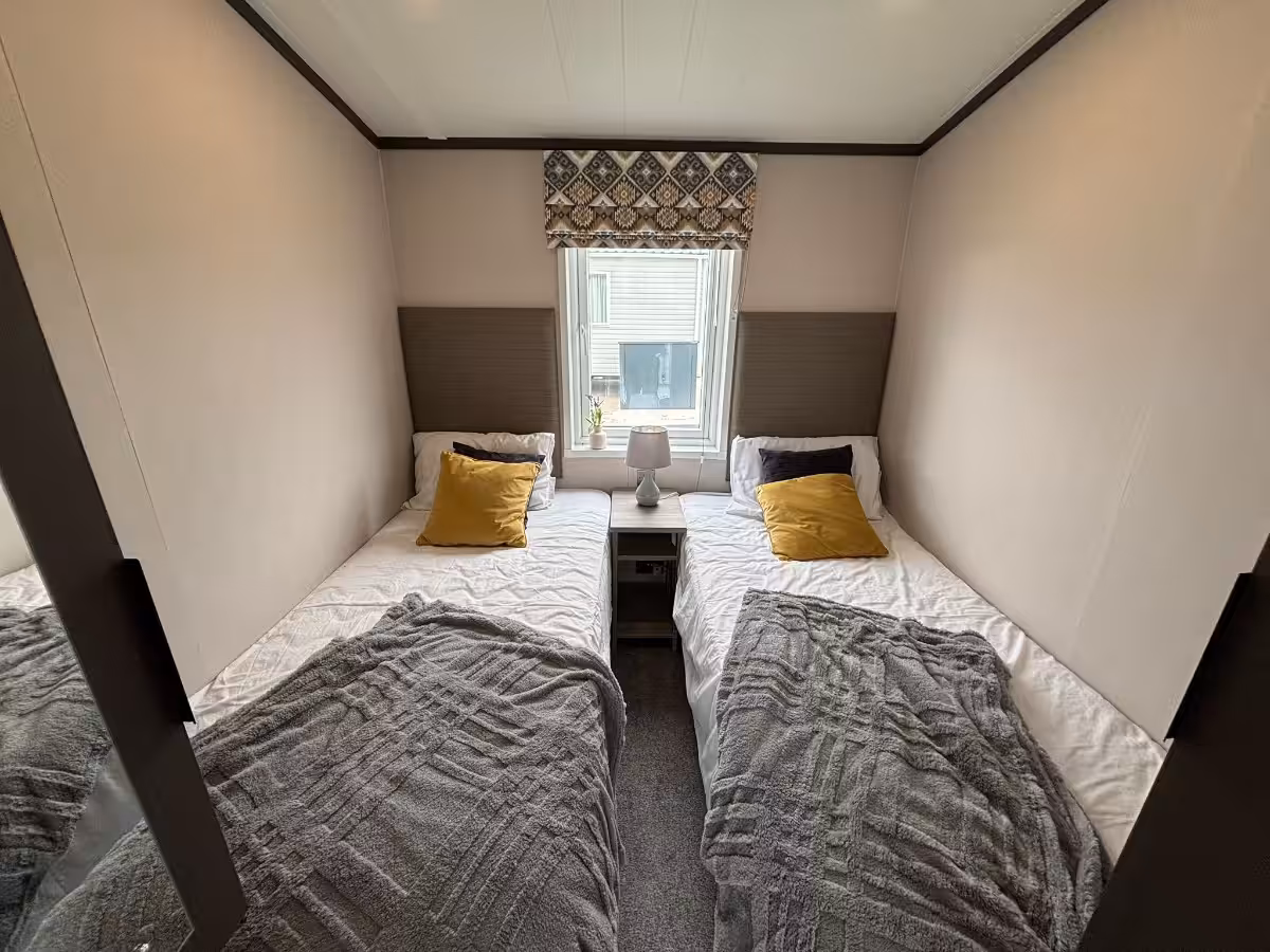 Twin room in the 2021 Victory Lakewood Lodge for sale at Elm Bank Coastal Park in Spittal, Berwick-upon-Tweed, Northumberland.