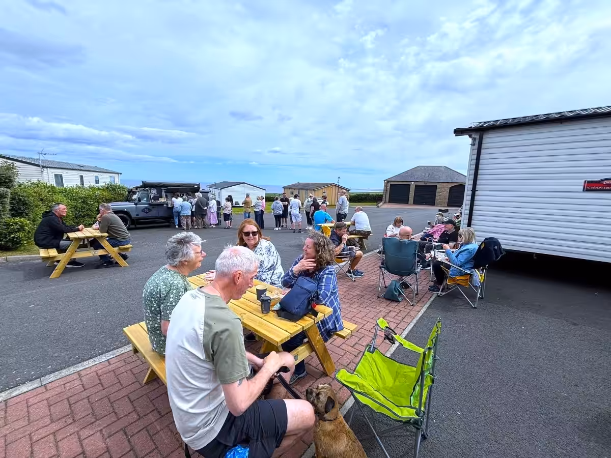 Owners at Elm Bank Coastal Park in Berwick, Northumberland enjoying the sunshine and delicious coffee and cake at our annual owners coffee afternoon.