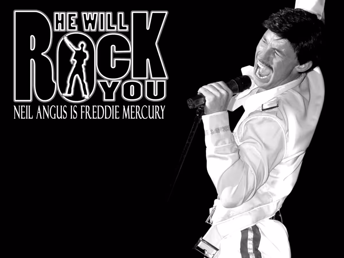 Neil Angus as Freddie Mercury appearing live at the owners August family fun day at Elm Bank Coastal Park in Berwick, Northumberland