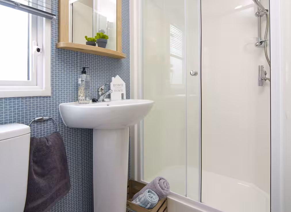 Family shower room in the 2021 Atlas Mirage for sale at Elm Bank Coastal Park in Spittal, Berwick-upon-Tweed, Northumberland.
