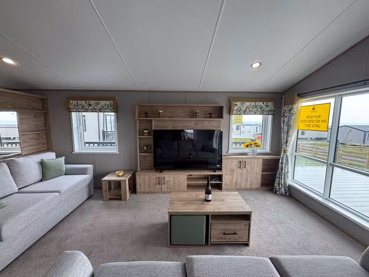 2026 kielder lodge living room wide angle view for sale at Elm Bank coastal park in Berwick, Northumberland