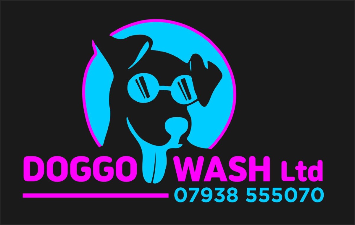 The Doggo Wash logo featuring a happy dog with sunglasses.