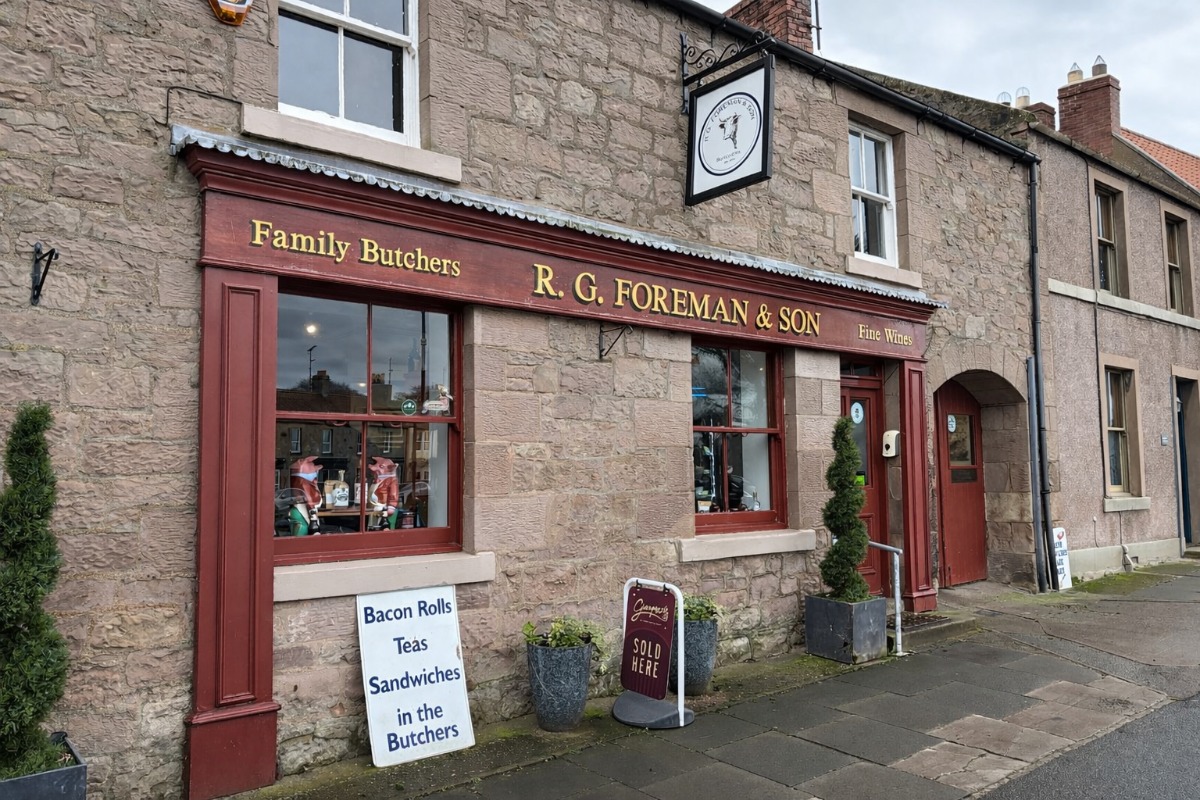 An external view of R. G. Foreman & Son butchers in Norham nearby Elm Bank Coastal Park in Northumberland