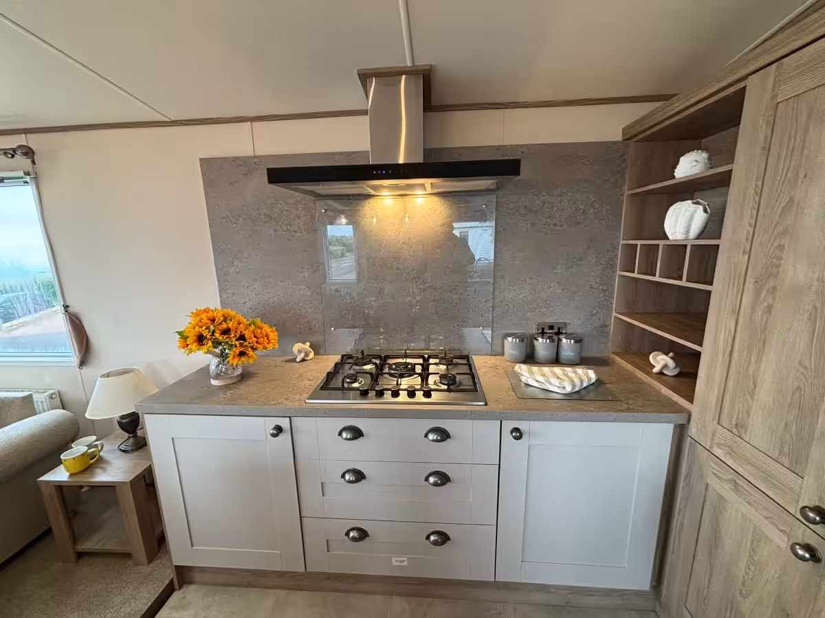 Kictchen cooking area in the 2021 ABI Adderstone Elite for sale at Elm Bank Coastal Park in Berwick, Northumberland.
