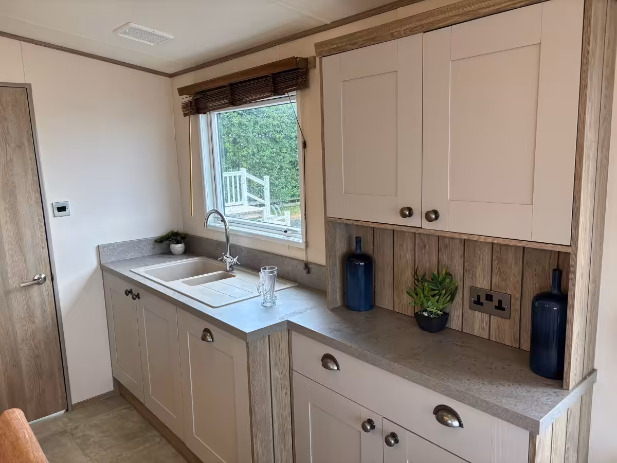 Modern kitchen in the 2021 ABI Adderstone Elite for sale at Elm Bank Coastal Park in Berwick, Northumberland.