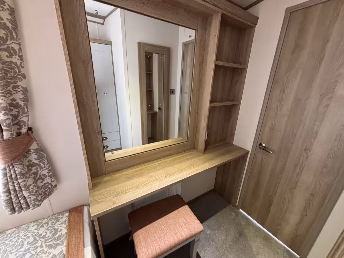 Vanity area in the bedroom of the 2021 ABI Adderstone Elite for sale at Elm Bank Coastal Park in Berwick, Northumberland.