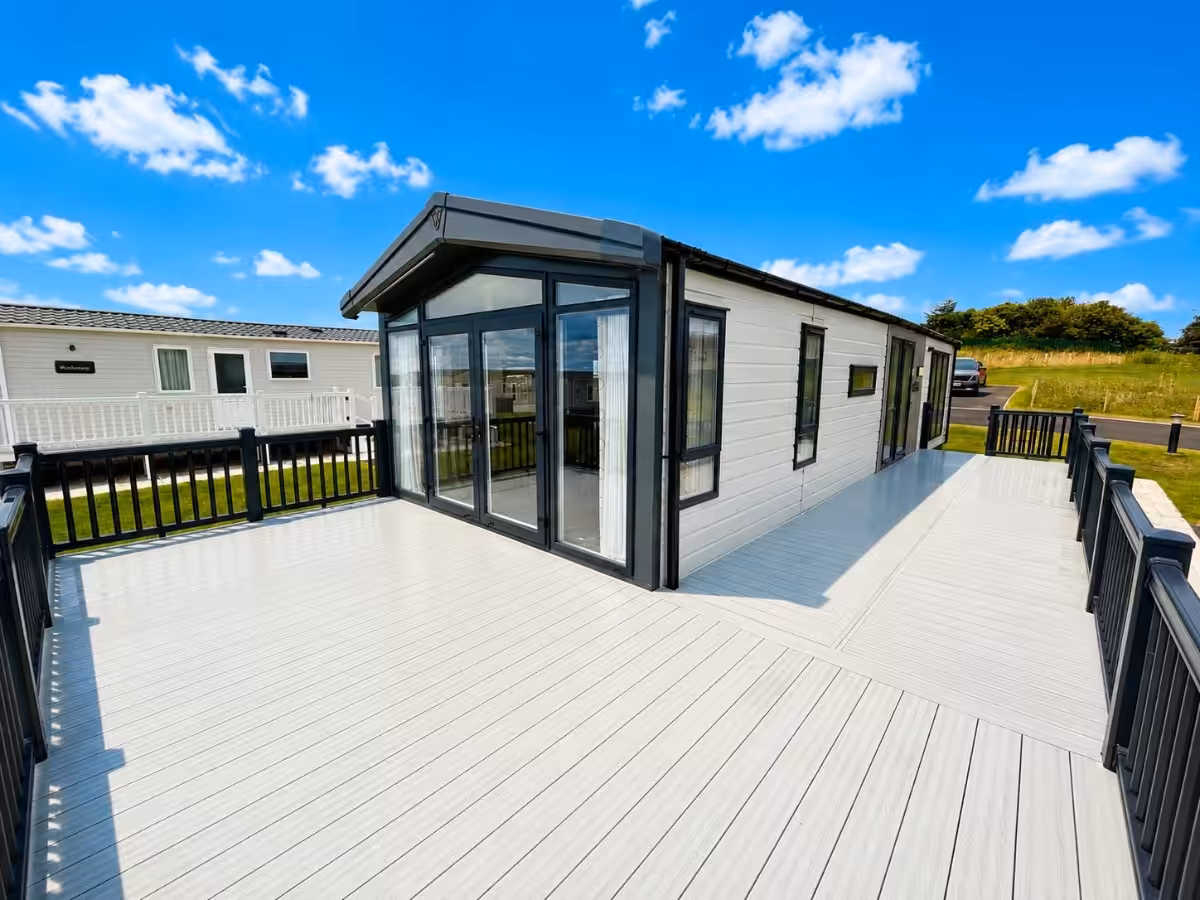 Decking on the 2021 Victory Lakewood Lodge for sale at Elm Bank Coastal Park in Spittal, Berwick-upon-Tweed, Northumberland.