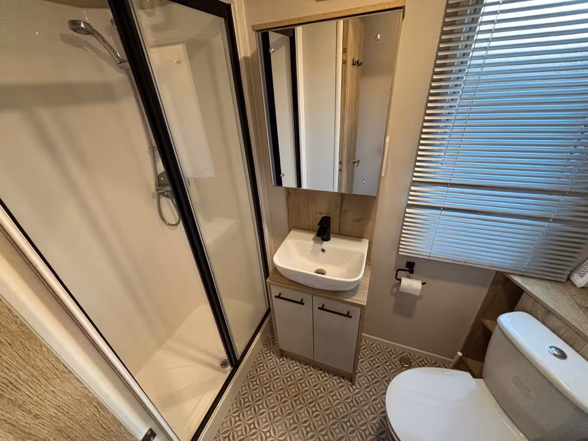 Family shower room in the 2022 ABI Beverley for sale at Elm Bank Coastal Park in Spittal, Berwick-upon-Tweed, Northumberland.