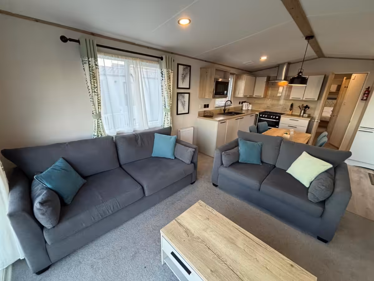 Spacious living area of the 2022 ABI Beverley for sale at Elm Bank Coastal Park in Spittal, Berwick-upon-Tweed, Northumberland.