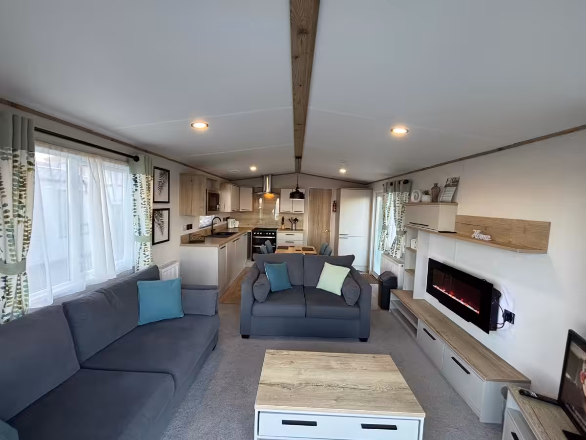 Spacious living area of the 2022 ABI Beverley for sale at Elm Bank Coastal Park in Spittal, Berwick-upon-Tweed, Northumberland.
