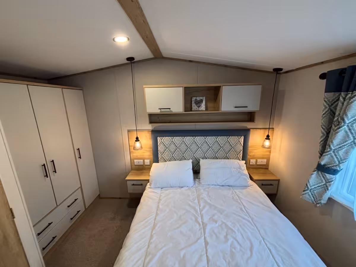 Master bedroom in the 2022 ABI Beverley for sale at Elm Bank Coastal Park in Spittal, Berwick-upon-Tweed, Northumberland.