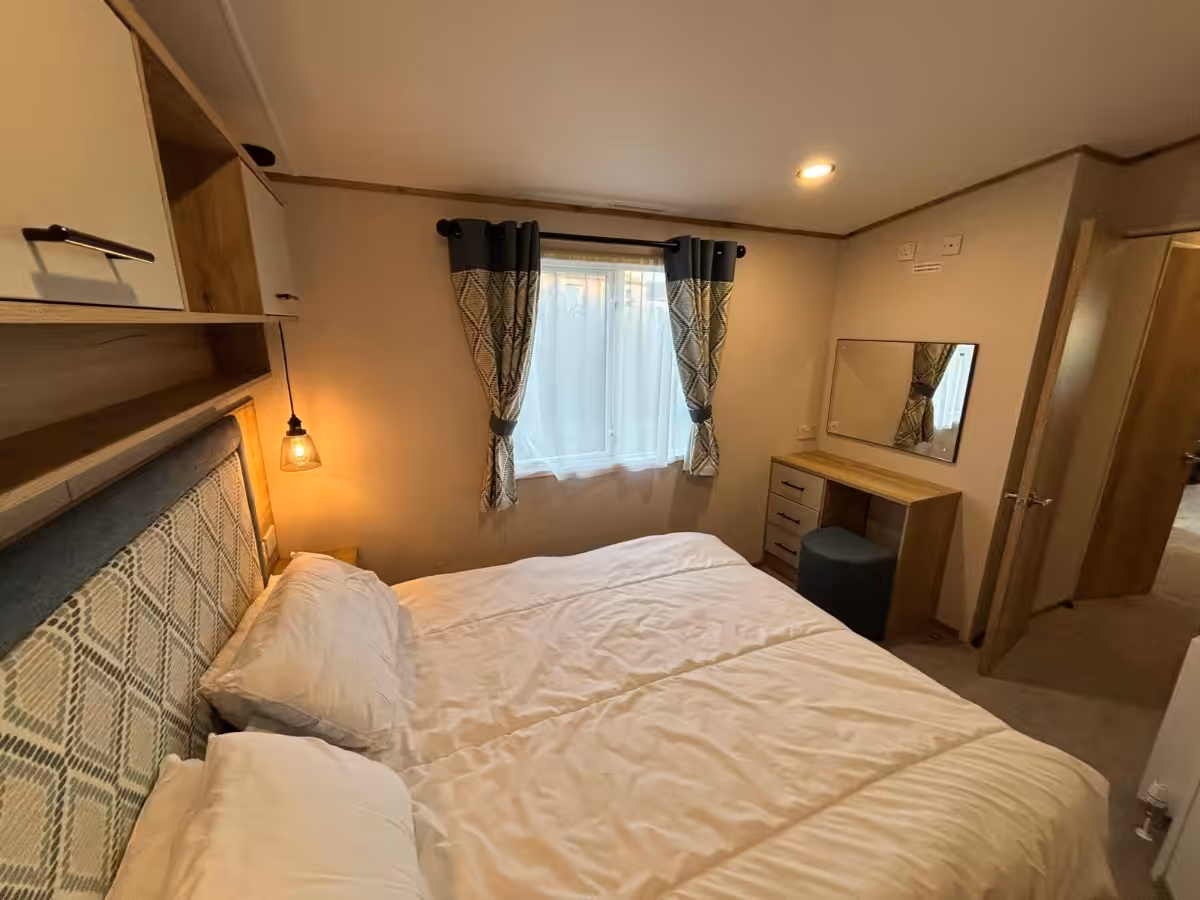 Master bedroom in the 2022 ABI Beverley for sale at Elm Bank Coastal Park in Spittal, Berwick-upon-Tweed, Northumberland.