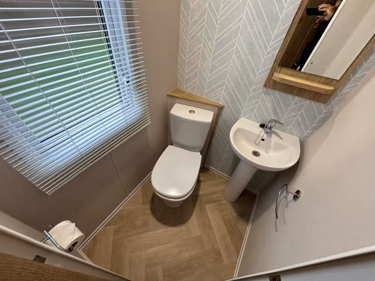 En suite in the 2022 Atlas Debonair for sale at Elm Bank Coastal Park in Spittal, Berwick-upon-Tweed, Northumberland.