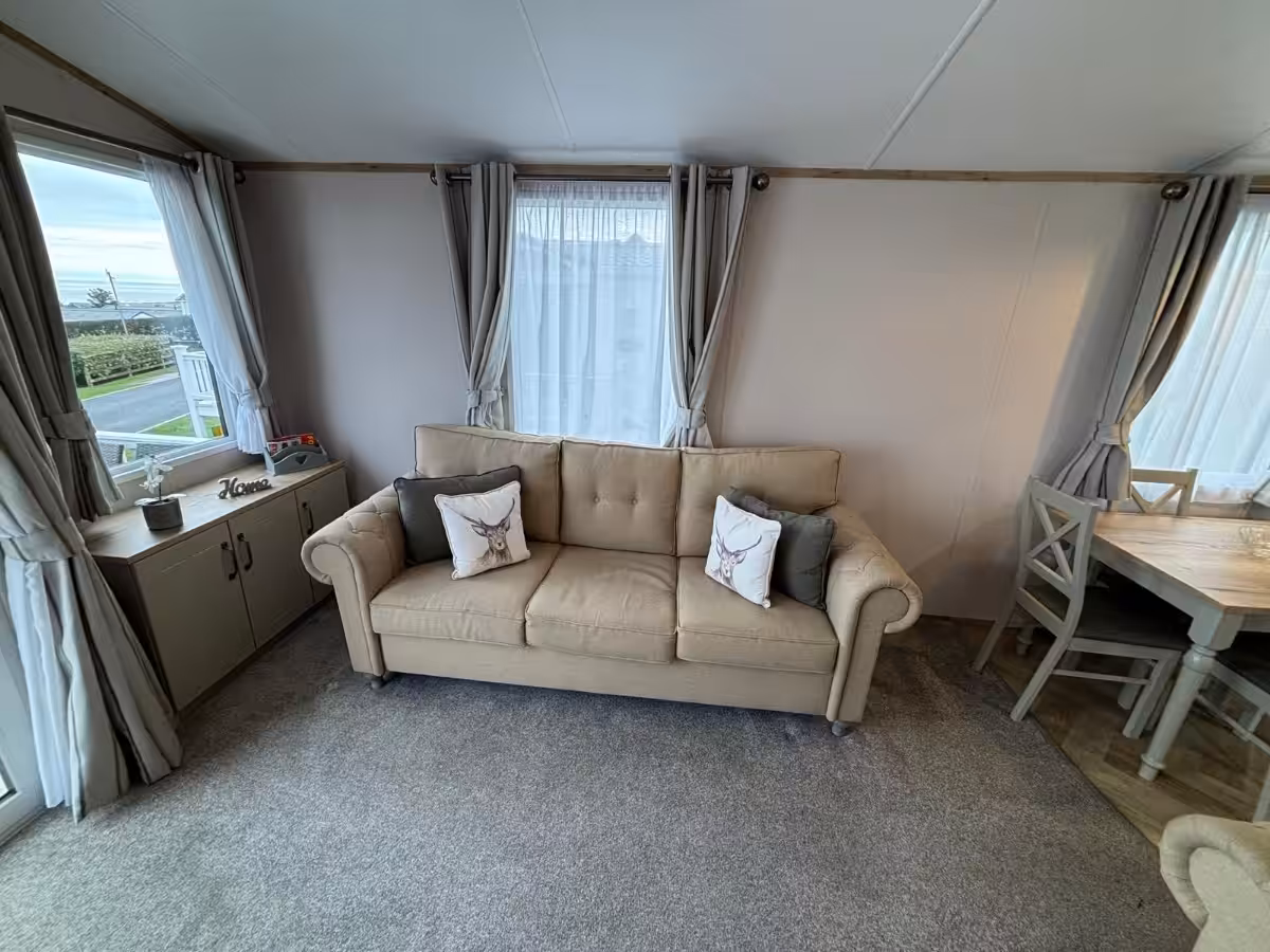 Spacious living area in the 2022 Atlas Debonair for sale at Elm Bank Coastal Park in Spittal, Berwick-upon-Tweed, Northumberland.
