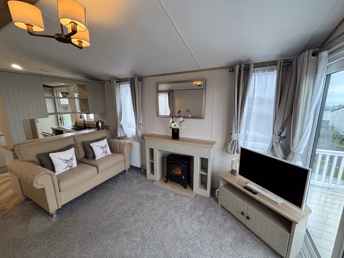 Spacious living area in the 2022 Atlas Debonair for sale at Elm Bank Coastal Park in Spittal, Berwick-upon-Tweed, Northumberland.
