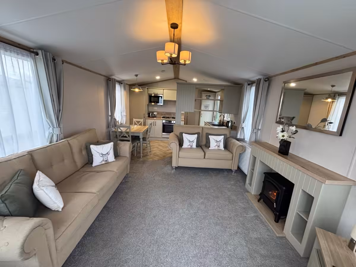Spacious living area in the 2022 Atlas Debonair for sale at Elm Bank Coastal Park in Spittal, Berwick-upon-Tweed, Northumberland.
