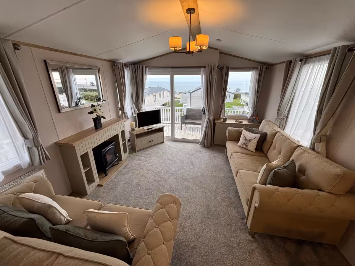 Spacious living area in the 2022 Atlas Debonair for sale at Elm Bank Coastal Park in Spittal, Berwick-upon-Tweed, Northumberland.